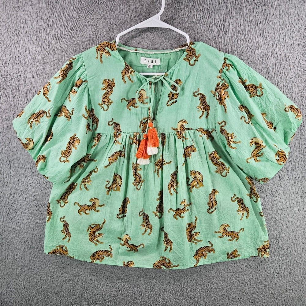 THML Mint Green Tiger-Print Tassel Babydoll Top